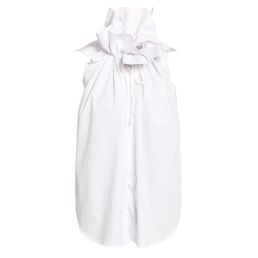 Stand Collar Retro Pinch Drawstring Loose Sleeveless Shirt