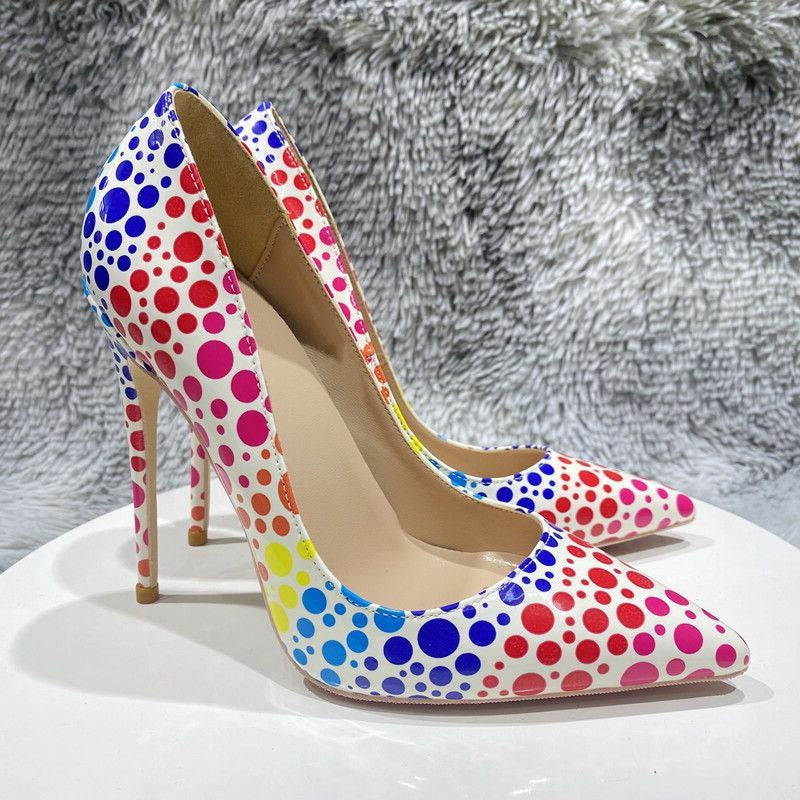 Multicolor Polka-Dots Printed Patent Pointed-Toe Shoes