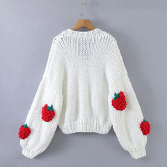 V-Neck Lantern Sleeve Strawberry Coarse Knitted Cardigan