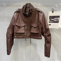 Buckle Front Pockets Cropped Faux Leather Jacket