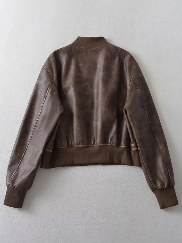 PU Leather Zip Up Bomber Jacket