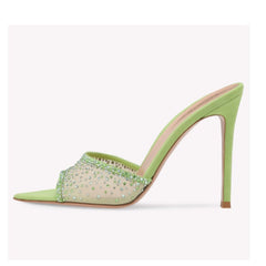 One Line Pointed Fish Mouth Mesh Water Diamond Stiletto Sandals