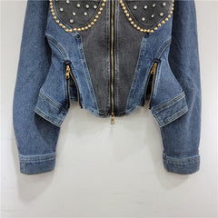 Diamond Embedded Bead Long Sleeve Elastic Denim Slim Jacket