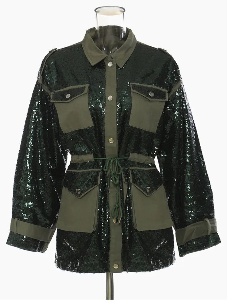 Spliced Sequins Drawstring Waist Loose Jacket