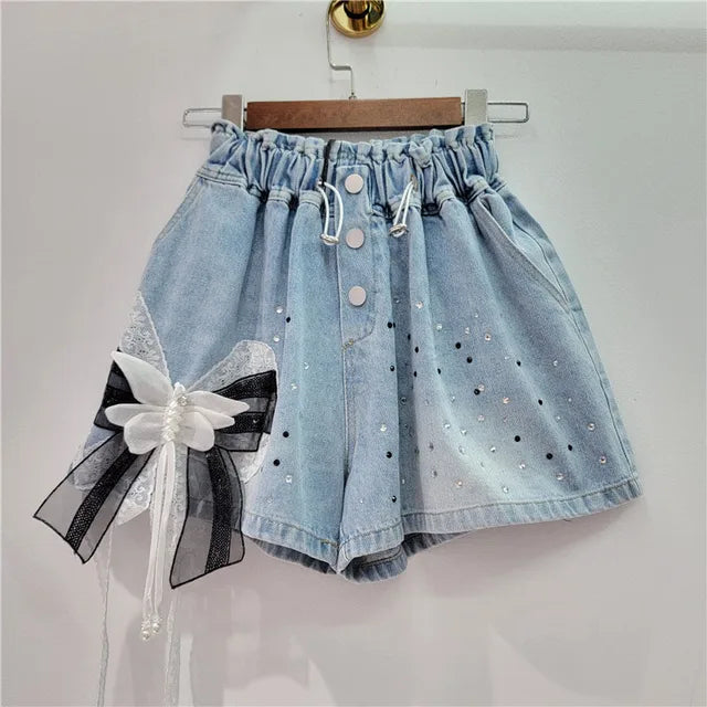 Hot Stamping 3D Butterfly Bow Wide Leg Denim Shorts