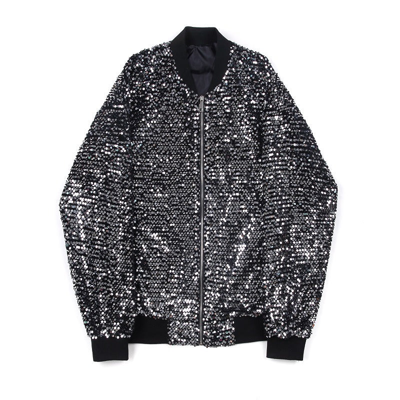 Sequined Baseball Collar Long Sleeved Jacket
