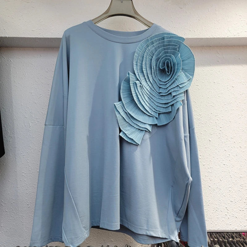 Pleated 3D Flower Loose Casual Round Neck Top