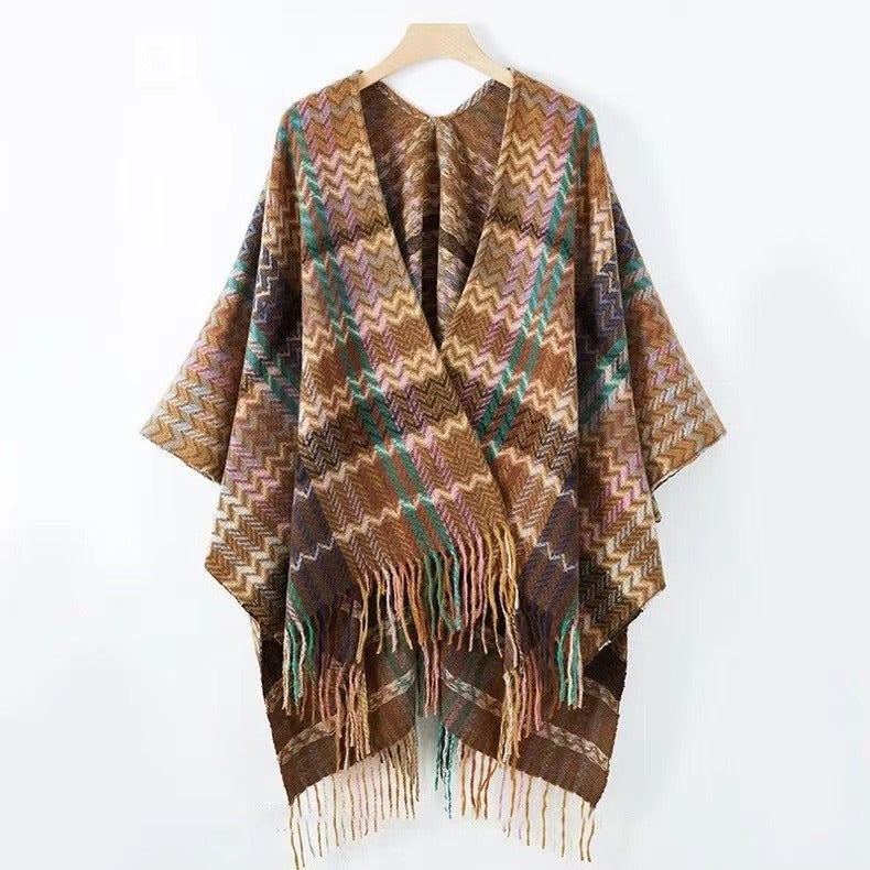 Colorful Wave Striped Thick Tassel Split Cape