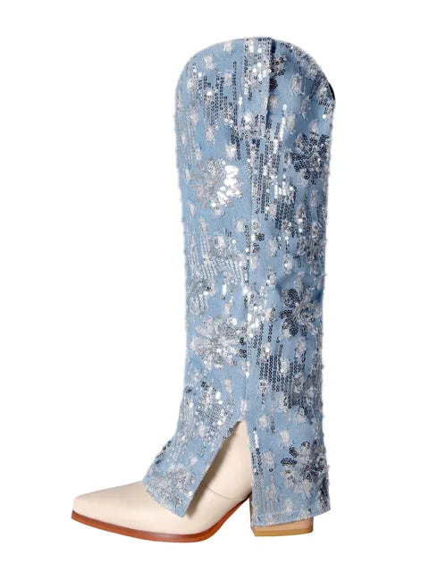 Pointed Toe Chunky Heel Sequined Denim Leg Boots