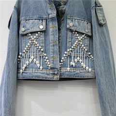 Pearl Studded Diamond Fringed Hollow Back Denim Jacket