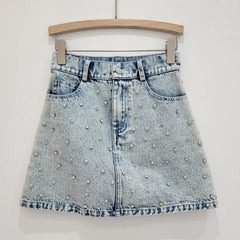 Diamond Embellished Denim Jacket + High Waist A-Line Skirt Set