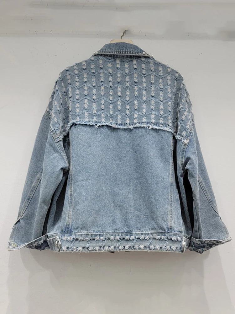 Colorful Diamond Pearl Burrs Ripped Denim Jacket