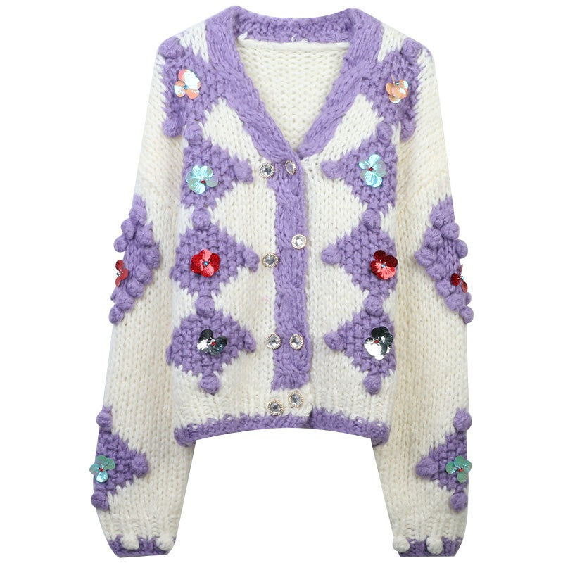 Color Block Hand Hooked Floral Sequin Knit Cardigan