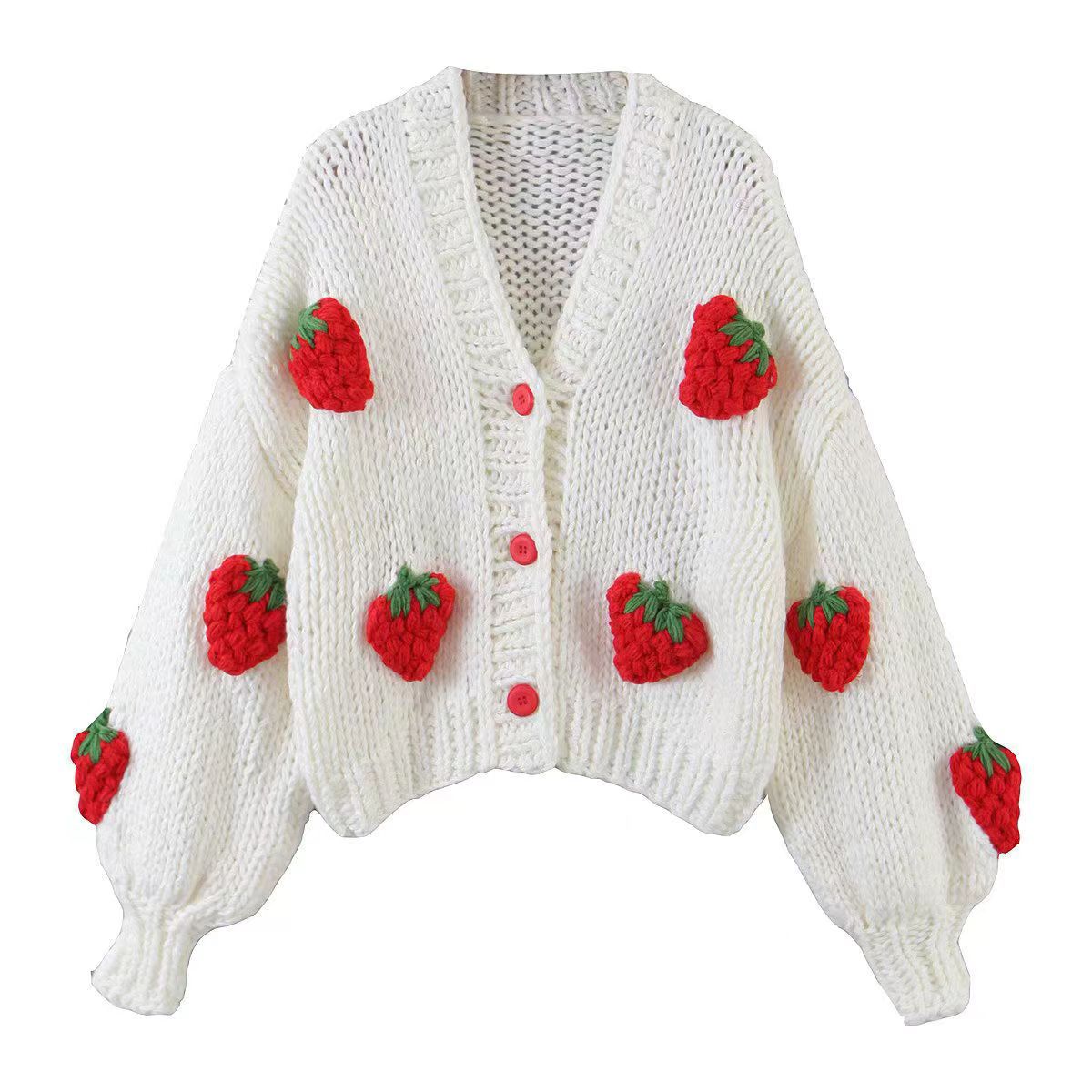 V-Neck Lantern Sleeve Strawberry Coarse Knitted Cardigan
