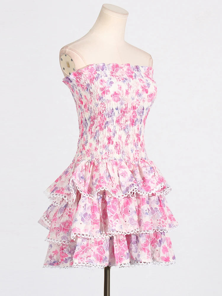 Pink Floral Strapless Mini Dress