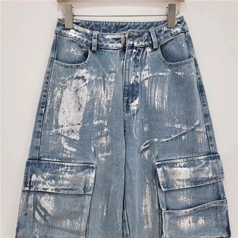 High Waist Straight Wide Leg Multiple Pockets Denim Pants