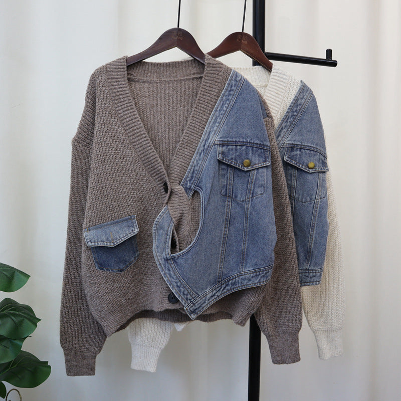 Casual Patchwork Denim Knitted Cardigan