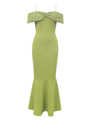 Green Off-Shoulder Slim Fit Cake Dress