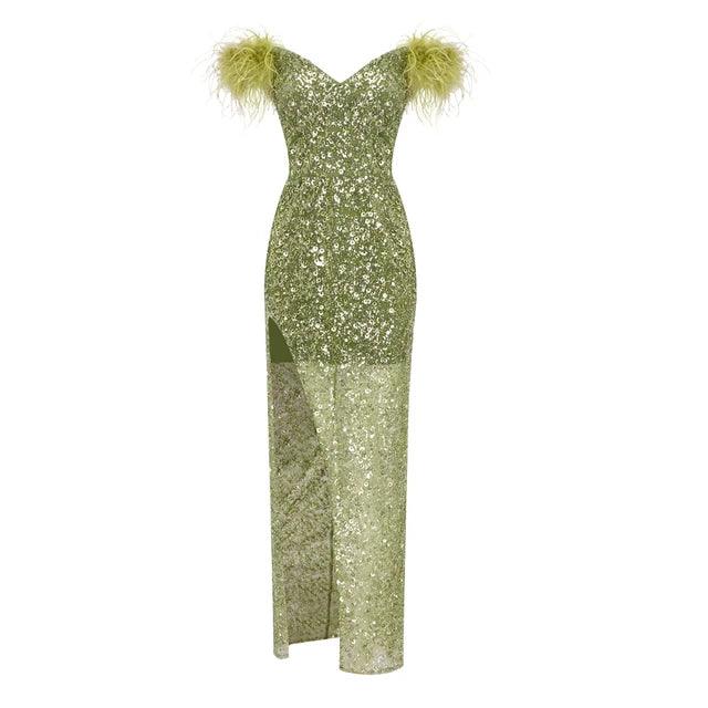 Off Shoulder Feather Sequin Dress