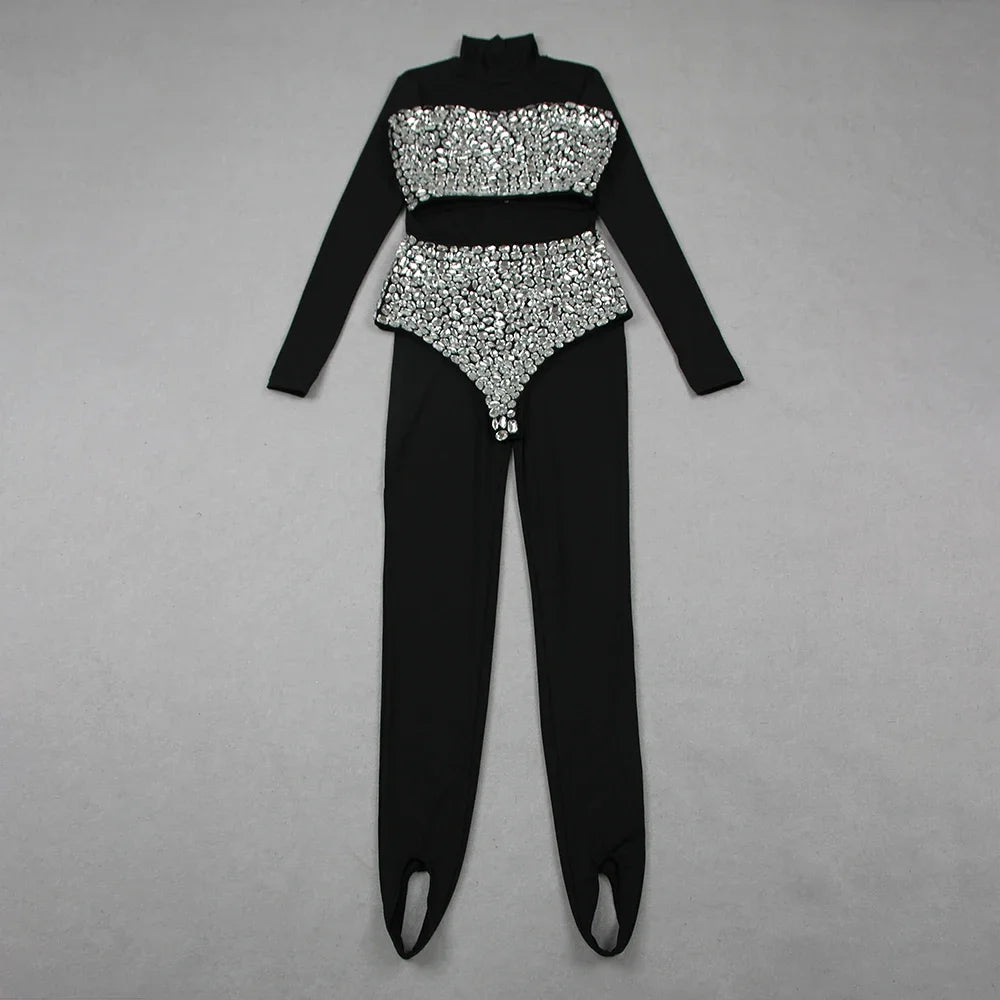 Three-Piece High Waist Diamond Studded Bandage Jumpsuit Set