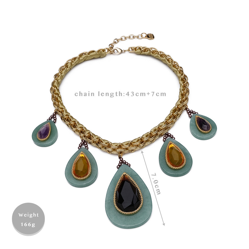 Retro Thick Chain Stone Droplet Necklace