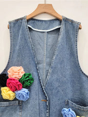 Denim Waistcoat Spliced Flowers Loose Vest