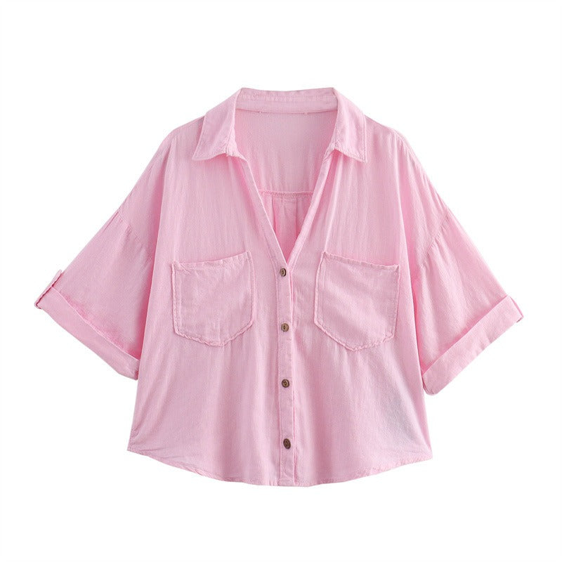 Linen Blend Pocket Casual Short Shirt