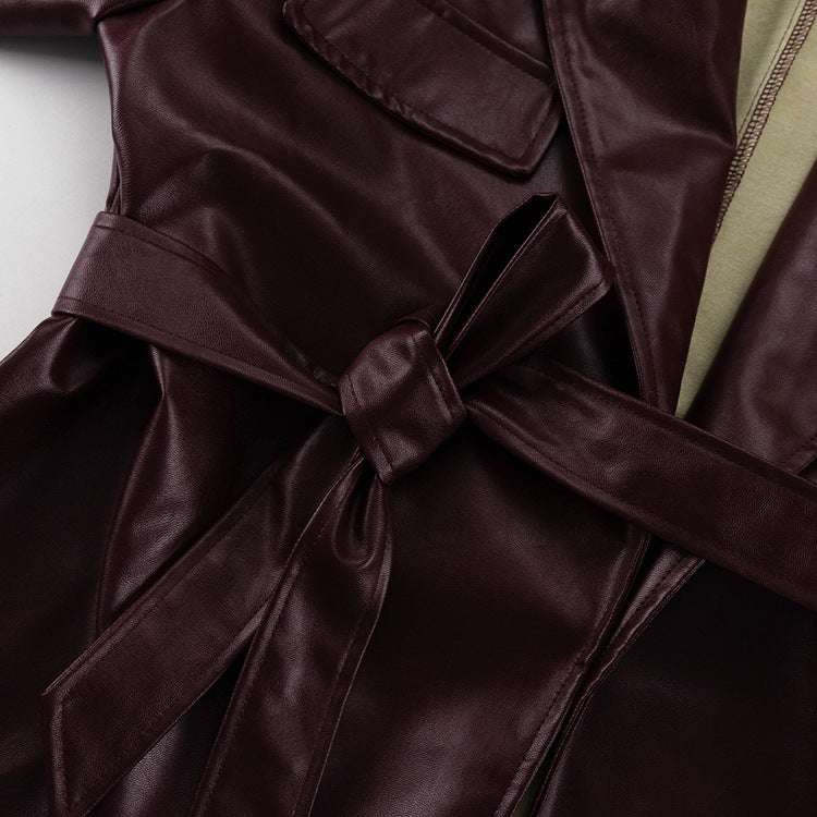 Vintage Burgundy Faux Leather Tie Waist Jacket + Pants Set