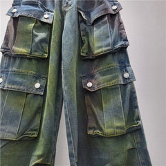 Pre  Order: Multi Pocket Color Stained Straight Leg Jeans