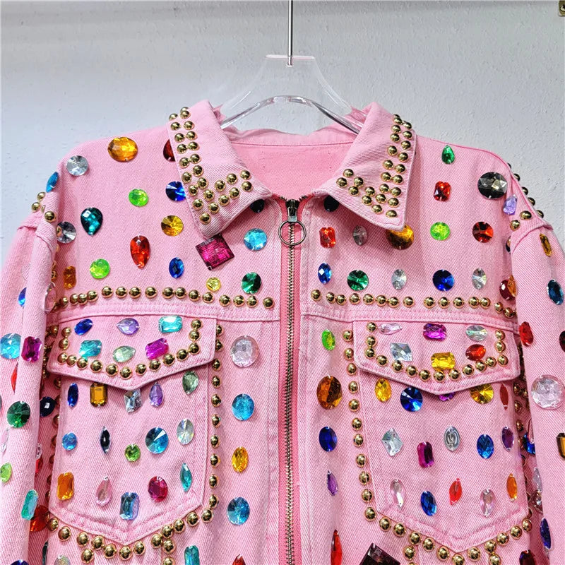 Rivet Beaded Diamond Pink Denim Loose Jacket