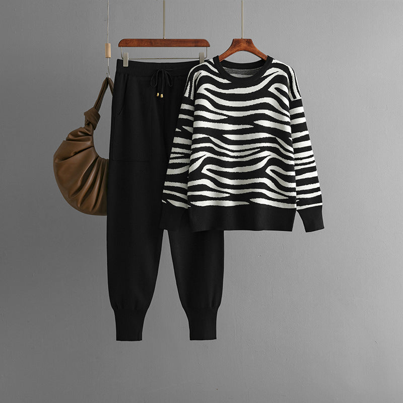 Animal Print Knitted Sweater + Pants Set