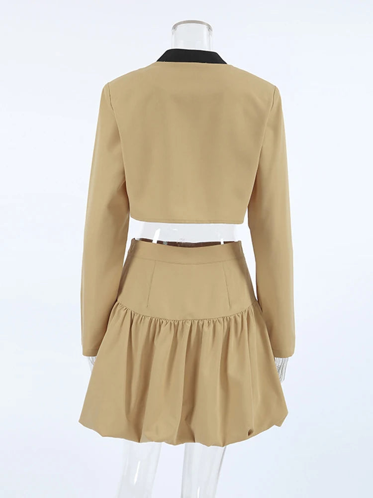 Khaki False Pockets Stand Collar Long Sleeve + Midi Skirt