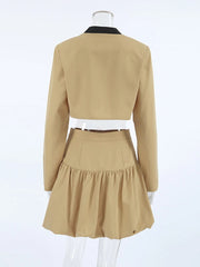 Khaki False Pockets Stand Collar Long Sleeve + Midi Skirt