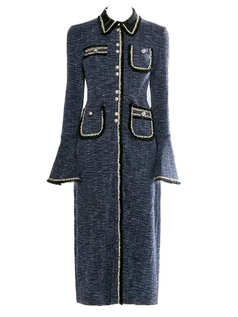 Tweed Collar Front Pockets Long Sleeve Midi Dress