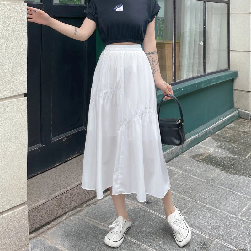 Casual Solid Pleated A-Line Skirt