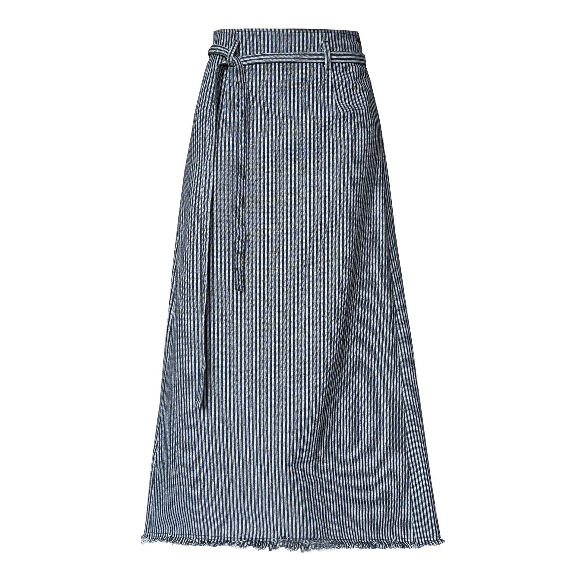 High Waisted Lace Up Striped Maxi Skirt