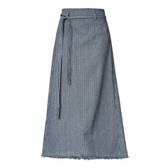 High Waisted Lace Up Striped Maxi Skirt