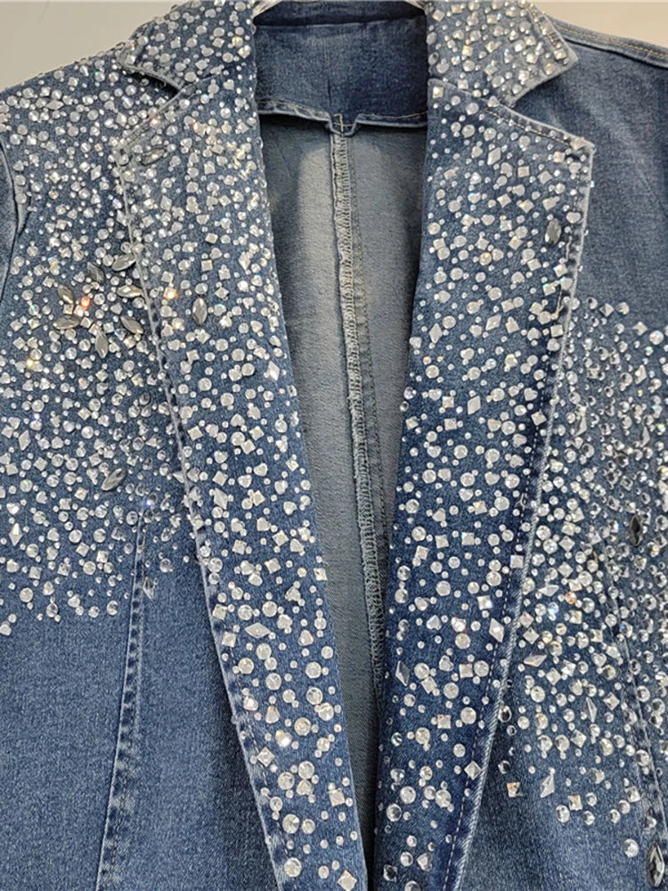 Gradient Blue Diamond Embellished Irregular Denim Blazer