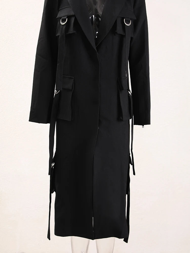 Multi Pockets Lapel Covered Button Trench Coat