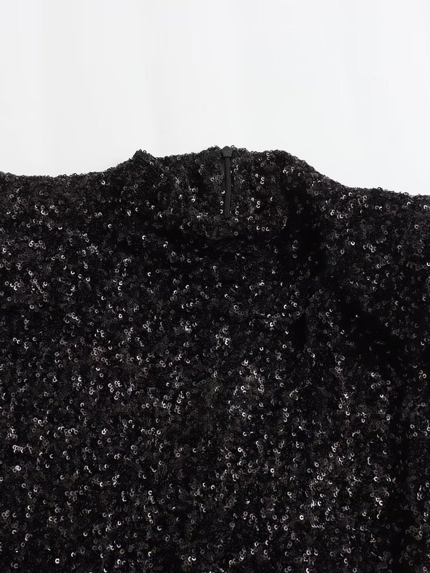 Pre Order:  Black Sequined Padded Shoulder Mini Dress