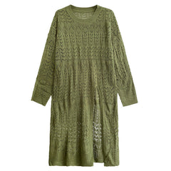 Solid V-Neck High Slit Hollow Knitted Sweater