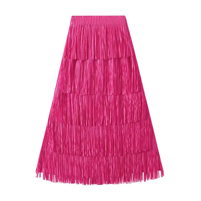 Fringe Stretch Waist Pleated Skirt