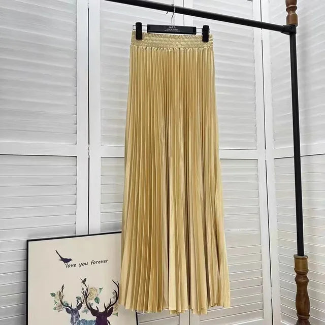 Solid Pleated A-Line Maxi Skirt