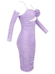 Purple Long Sleeved Slim Fit Flower Mesh Dress