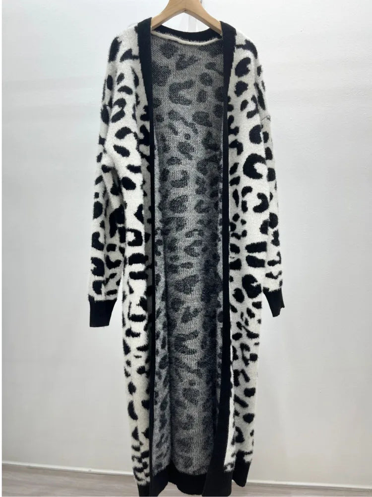 Animal Print Thick Long Loose Knit Cardigan