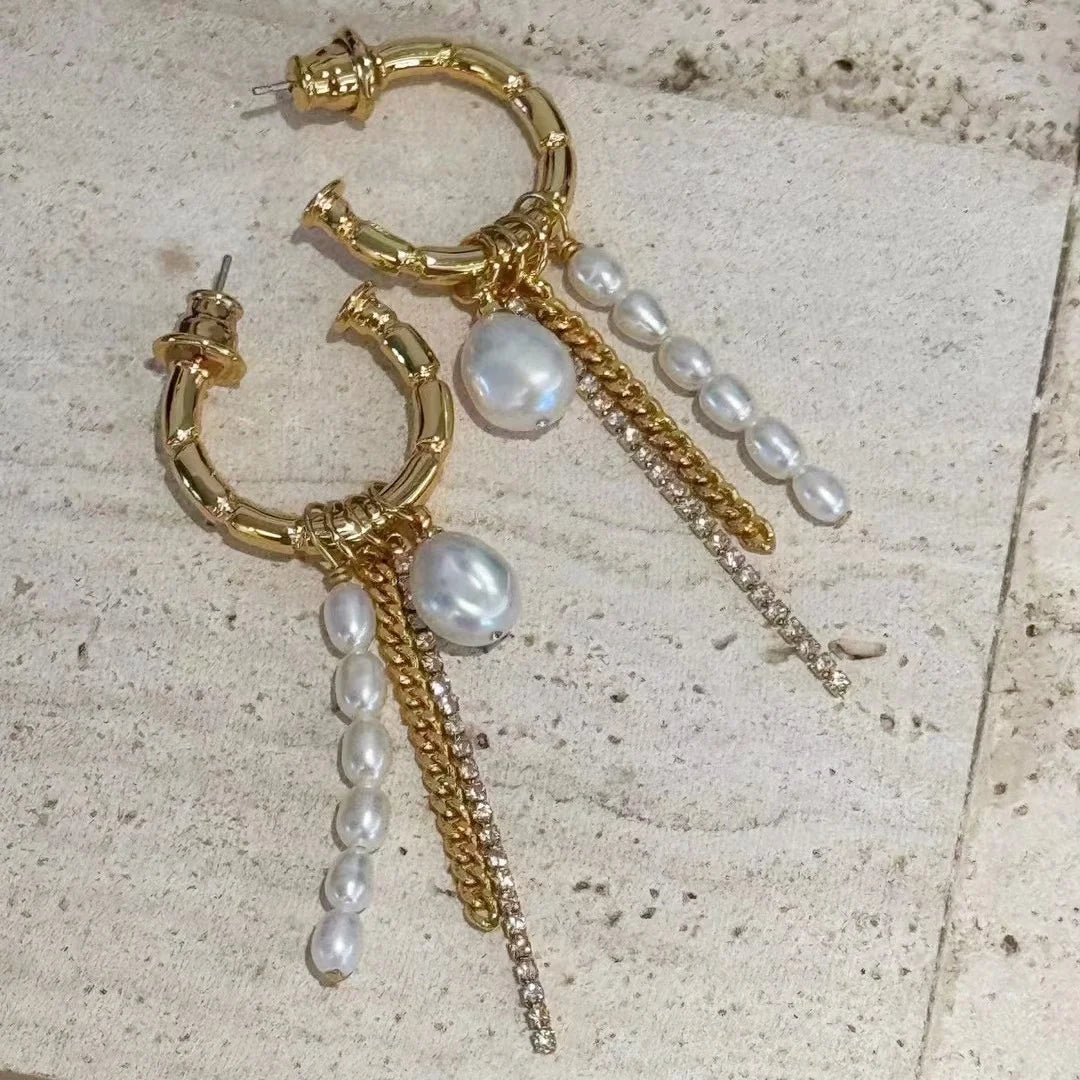 Vintage Pearl Pendant Zircon Fringe Earrings