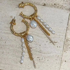 Vintage Pearl Pendant Zircon Fringe Earrings
