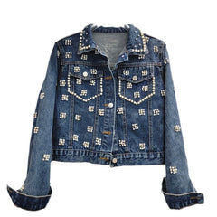 Pearl Diamond Embroidered Long Sleeved Denim Jacket