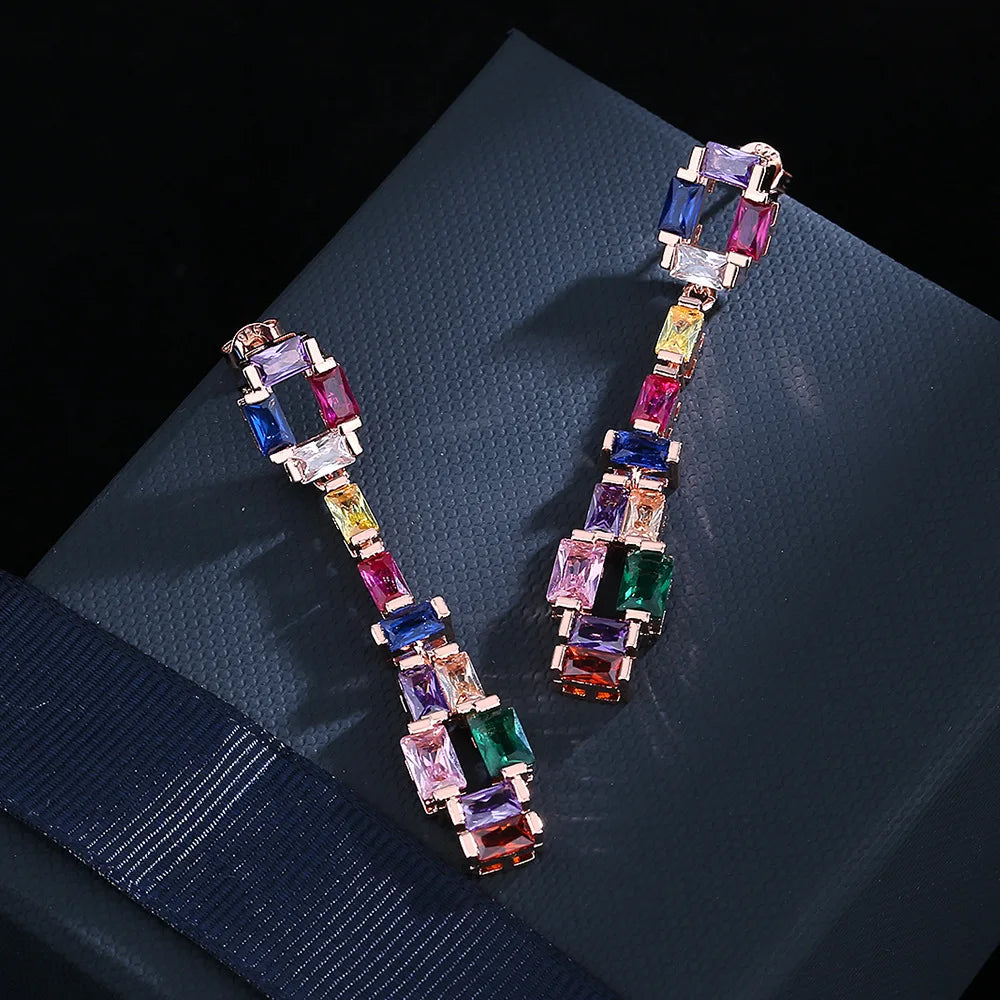 925 Silver Needle Colorful Zircon Stones Long Earrings