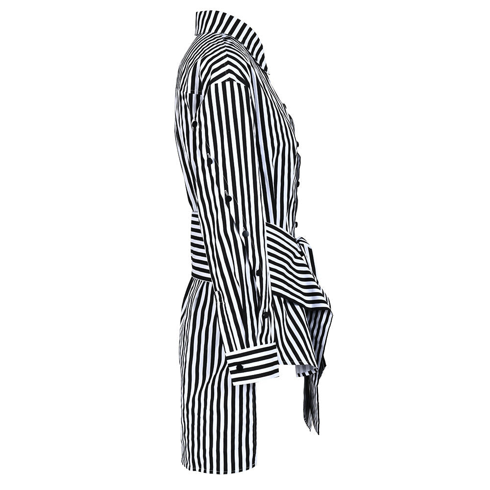 Striped Waist Strap Mid Length Shirt